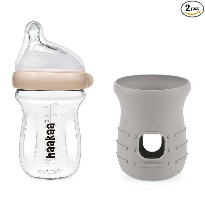 haakaa Natural Glass Baby Bottle Wide Neck Anti&Glass Baby Bottle Sleeve-Easy to Clean & Latch for 6M+ Breastfed Babies, Newborn Registry Essentials,BPA-Free