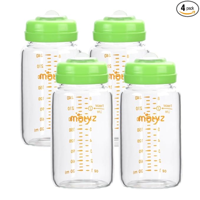 Matyz Glass Breastmilk Storage Containers, 4 Pack, 8 oz Bottle, Compatible with Spectra Medela Philips Pump - Freezer Safe Bottles Set - Leakproof Glass Breast Pump Bottles - No BPA (Green Lids)