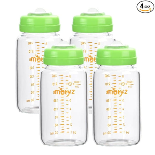 Matyz Glass Breastmilk Storage Containers, 4 Pack, 8 oz Bottle, Compatible with Spectra Medela Philips Pump - Freezer Safe Bottles Set - Leakproof Glass Breast Pump Bottles - No BPA (Green Lids)