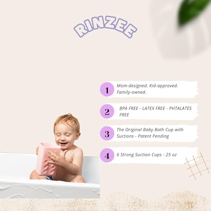Rinzee® Baby Bath Cup with Suctions - BPA Free, 100% Food Grade Silicone Rinse Cup, Clutter-Free Tub Area, Kids Learning Tool, Sticks to Tiles, Drains Water Upside Down-patent pending