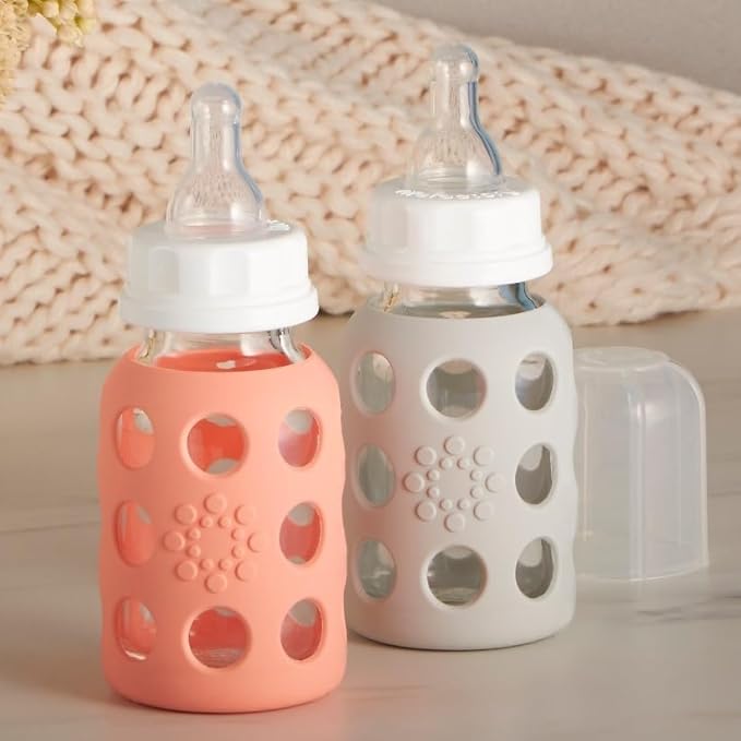 Lifefactory Glass Baby Bottle BPA Free | Protective Silicone Sleeve | 4 oz Pack of 4 | Mint & Cantaloupe