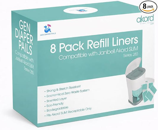 Adult Diaper Liner Refills Compatible with Janibell Akord 280 Slim 8 Pack for 2860 Diapers (Extra 10% Length & 30% Thickness) Incontinence Disposal System Plant Scent to Eliminate Waste/Odor Resistant
