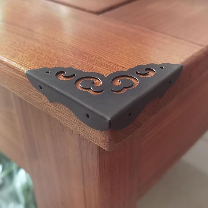 Metal Corner Protectors Set of 4, Vintage Decorative Corner Protector for Antique Wooden Chests, Tables, Desks, Boxes, Edge Protection, Hollowed Out Flower Corner Guards for Decor Furniture (Black)