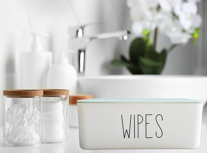 Baby Wipes Container, 7.28" L * 4.80" W * 2.75" H, Moorfowl Flushable Wipes Dispenser Holder for Bathroom Baby Essentials, Green Lid White Base