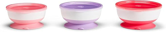 Munchkin Stay Put Munchkin Suction Baby Bowls with Lids - Dishes for Babies and Toddlers, Self-Feeding Bowl Set for Kids 6+ Months, 3 Pack, Pink/Purple