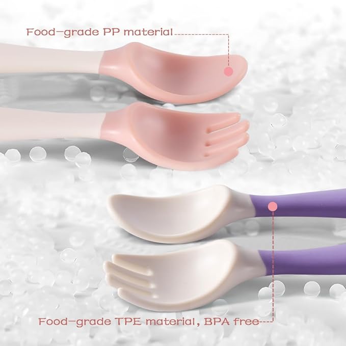 Baby Utensils Spoons and Forks Set, Bendable Toddler Flatware with Travel Case for Self-Feeding Training Utensils for Infants & Kids, Gum-Friendly Toddler Spoon and Fork (Pink+Purple, 2 Set)