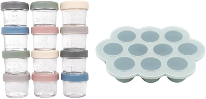 WeeSprout Baby Meal Prep Bundle - Glass Baby Food Storage Jars Containers with Plastic Lids & Silicone Freezer Tray - Microwave, Freezer & Dishwasher Safe - for Baby Food & Breast Milk