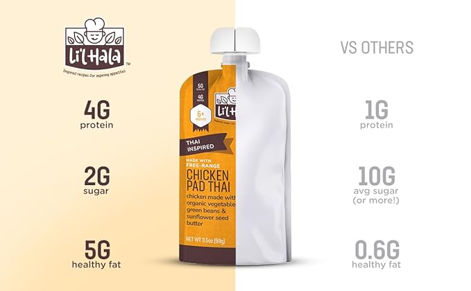 Li'l Hala Chicken Baby Food Meat Pouch | Pad Thai (12 ct) | 6+ Months Savory Baby Food Pouches with Protein and Organic Veggies, Nutrient Packed Toddler Snacks with Iron & Fiber | Stage 2 Meat Puree