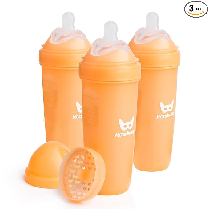 Herobility Anti-Colic Baby Bottles 12 fl oz/340ml - Pack of 3 Plastic Baby Bottles, Fast Flow Plastic Bottles, Breast-Shaped Teat for Breastfed Babies, Small Baby Bottles, Swedish Design, Peach