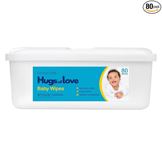 Dynarex DynaCare Hugs of Love Baby Wipes - Scented - Large - Alcohol-Free Wipes with Aloe & Lanolin, Safe for Sensitive Skin - 80 Wipes per Tub