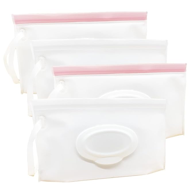 Portable Refillable Wet Wipe Pouch, Reusable Travel Wipes Holder & Case, Lightweight Flushable Diaper Wipes Container for Baby (4 Pack, Milk White)