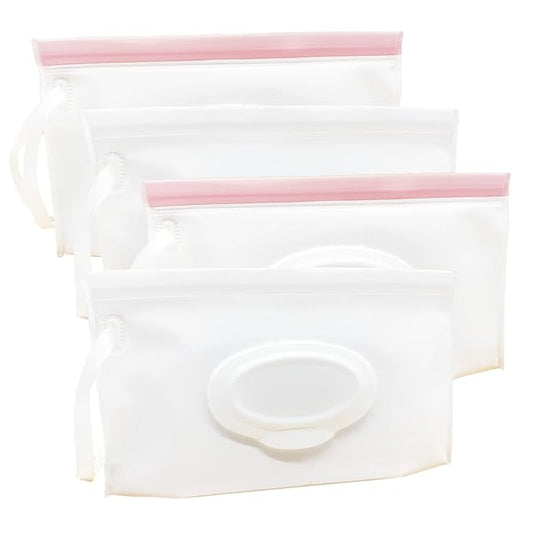 Portable Refillable Wet Wipe Pouch, Reusable Travel Wipes Holder & Case, Lightweight Flushable Diaper Wipes Container for Baby (4 Pack, Milk White)
