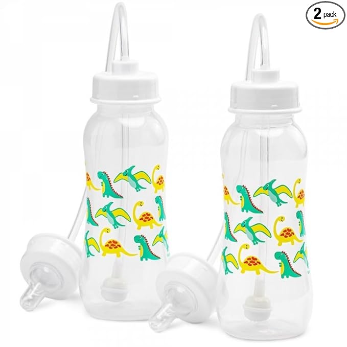 Hands-Free Baby Bottle - Anti-Colic Nursing System 9 oz Baby Bottle with Fast Flow Nipple/Teat 3m+ with Tube Straw Feeding System for Toddler (2 Bottles - Dinosaur)