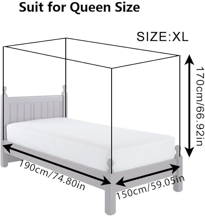 Mosquito Net for Bed - 4 Corner Bed Canopy with Fine Mesh Protection, Queen Size Bed, Easy Assembly Bug Net for Indoor/Outdoor Use, Camping & Travel
