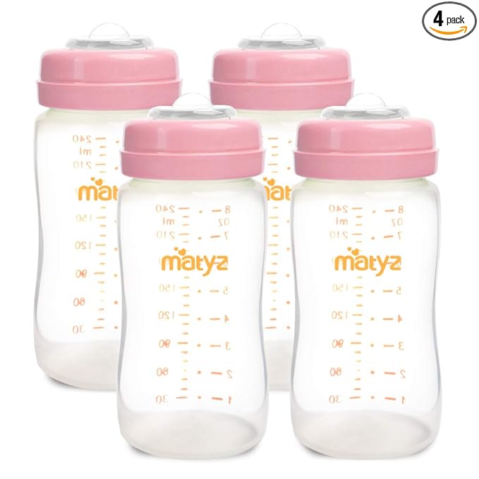 Matyz 4-PACK Breast Milk Collection And Storage Bottles (Pink, 8oz Each) - No BPA Breastmilk Storage Containers With Lids - Pumping Storage Bottles For Philips Avent Medela Spectra Breast Pumps