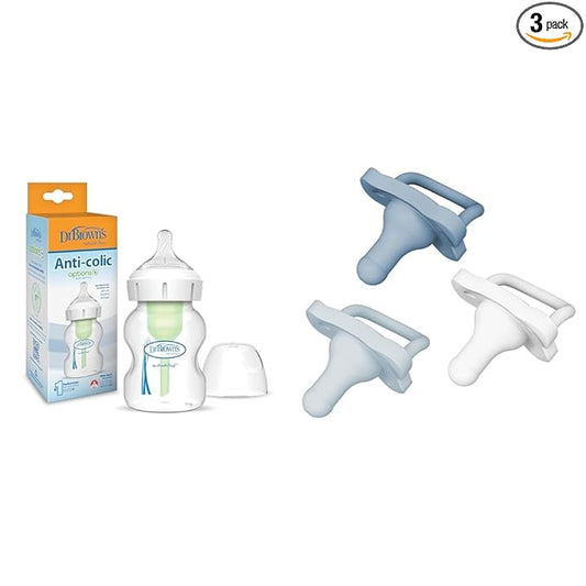 Dr. Brown's Natural Flow Anti-Colic Options+Wide-Neck Baby Bottle, 5 oz/150 mL, Level 1 Nipple & HappyPaci 100% Silicone Pacifier 0-6m, BPA Free, White, Blue, Light Blue, 3 Pack