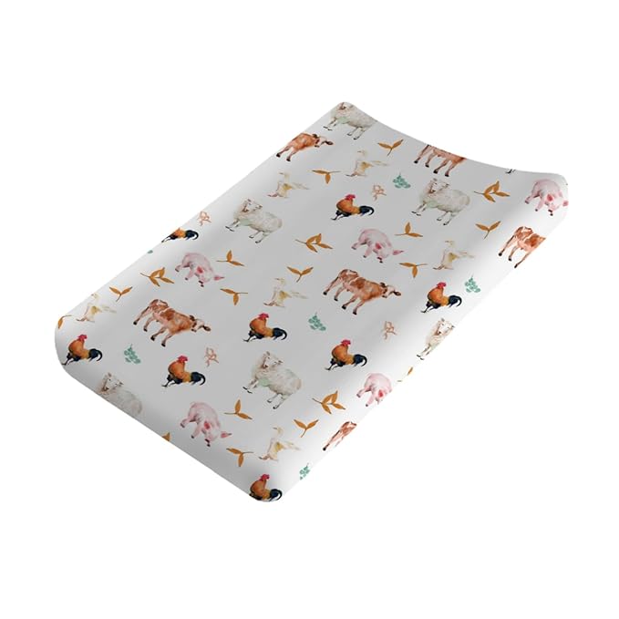 Watercolor Farm Animals Changing Pad Cover Farm Cow Lamb Pig Hen Duck Sunflowers Leaves Baby Diaper Changing Table Sheets for Boys Girls Soft Stretch Fitted Baby Changing Table Mats Covers 32''x16''