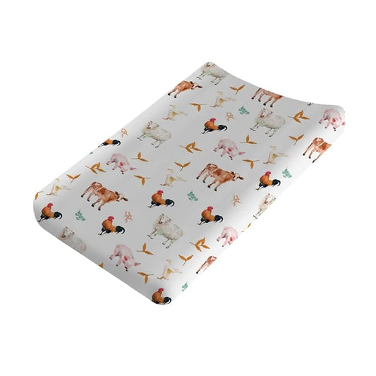 Watercolor Farm Animals Changing Pad Cover Farm Cow Lamb Pig Hen Duck Sunflowers Leaves Baby Diaper Changing Table Sheets for Boys Girls Soft Stretch Fitted Baby Changing Table Mats Covers 32''x16''
