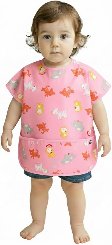 Plie Short Sleeve Waterproof Bib for Toddlers – Easy Clean Feeding Apron for Mealtime, Daycare, Self-Feeding, Lightweight
