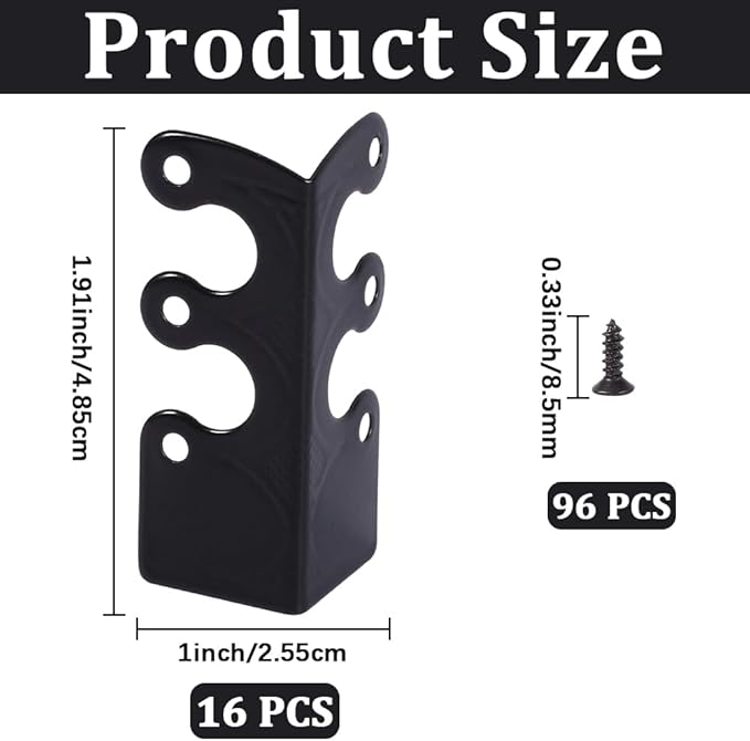 CRASPIRE 16Pcs Baseboard Corner Protectors Vintage Metal Rustic Decorative Guards Skirting Board Black Safety Bracket with Screws for Wood Furniture Table Wall Edge Cover File Boxes Bookshelves