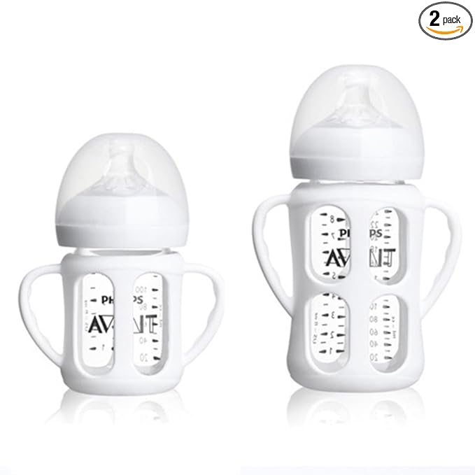 2 Pack Silicone Sleeves for Philips Avent Glass Natural Baby Bottles 4oz and 8oz, Anti Breakage Baby Bottle Holder with Handle, Feeding Bottle Handle (White)