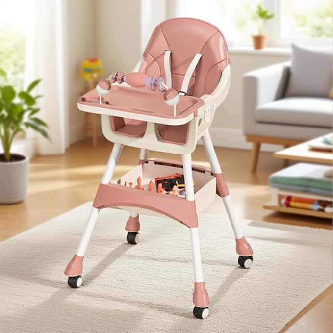 Portable High Chair,High Chairs for Babies and Toddlers,Multi-Use Easy Clean Baby High Chair with Lock Wheels, Comfortable Feeding and Place The Toy Storage Basket uuu