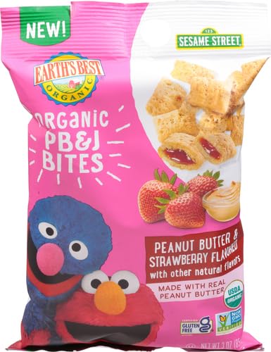 Earth's Best Organic Kids Snacks, Sesame Street Toddler Snacks, Organic PB&J Bites for Toddlers 2 Years and Older, Peanut Butter and Strawberry Flavored with Other Natural Flavors, 3 oz Bag