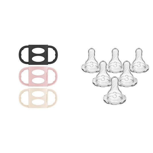 Dr. Brown’s Silicone Handles & Level 3 Narrow Baby Bottles, 3 Pack Pink/Ecru/Black Handles, 6 Pack Medium-Fast Flow 100% Silicone Nipples