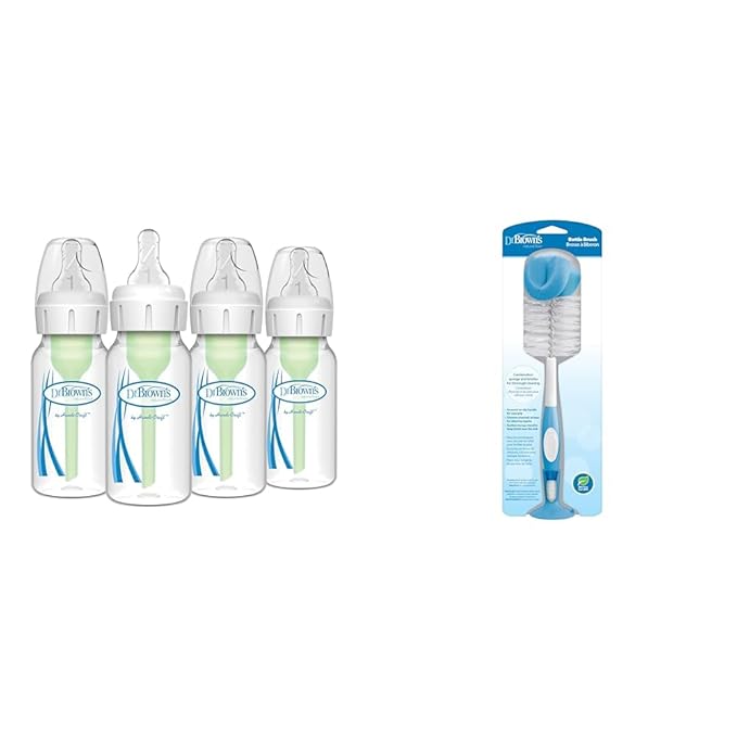 Dr. Brown’s Anti-Colic Options+ Baby Bottles, Narrow, 4 oz, 4pack & Reusable Sponge Baby Bottle Cleaning Brush with Suction Cup Stand, Scrubber and Nipple Cleaner, Blue 1-Pack