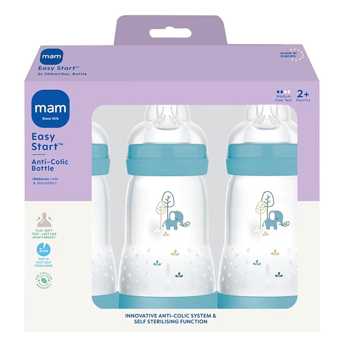 Mam Self Sterilising Anti-colic Bottle 260ml 3 Pack Boys Colours