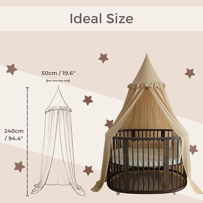 Wonder Space Kids Bed Canopy with Ruffles, Pastel Neutral Color for Boys & Girls, Frilled Cotton Tent Nursery Room Baby Crib Hanging Curtain Mosquito Netting Children Reading Nook Decoration (Khaki)