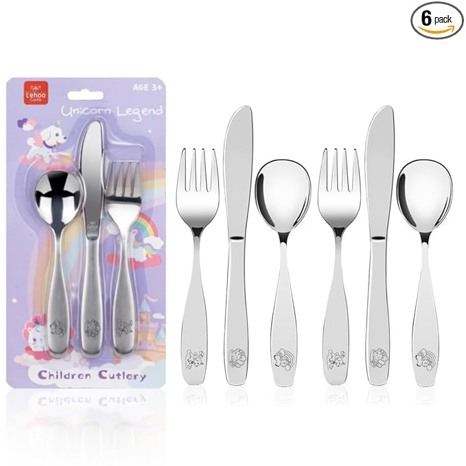 Lehoo Castle Toddler Utensils 6-Piece | Kids Stainless Steel Silverware Set, Toddler Spoons and Forks Knife Set, Children Safe Flatware for Self Feeding (Unicorn)