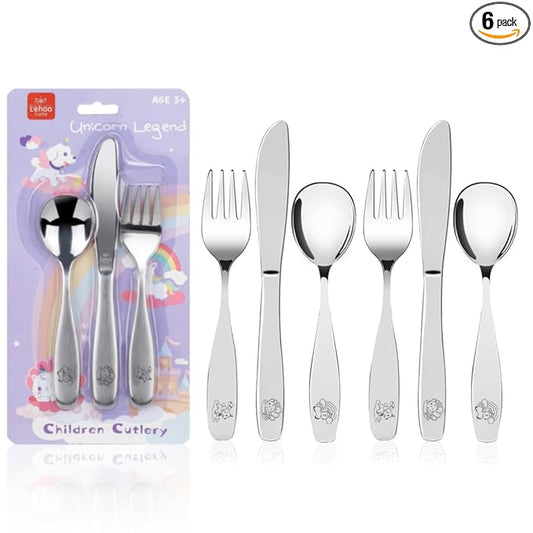 Lehoo Castle Toddler Utensils 6-Piece | Kids Stainless Steel Silverware Set, Toddler Spoons and Forks Knife Set, Children Safe Flatware for Self Feeding (Unicorn)