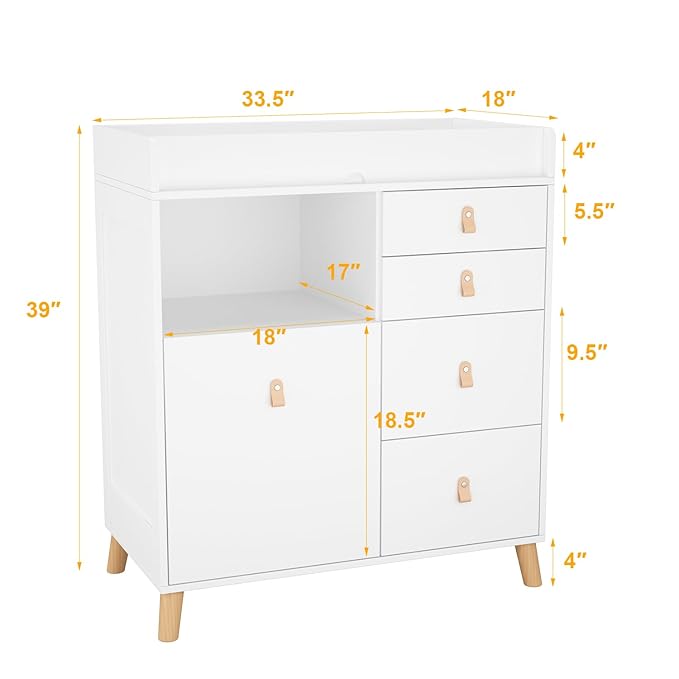 Baby Dresser with Changing Table Top, 5 Drawers Nursery Dresser with Removable Guard, Infant Diaper Changing Station Baby Cloth Organizer for Nursery and Kids Bedroom, White - 33.5" W