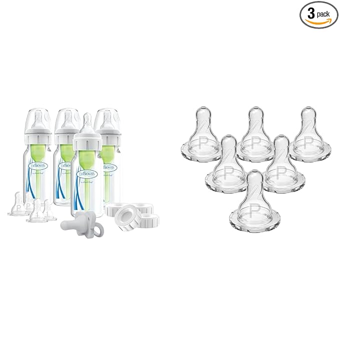 Dr. Brown's Anti-Colic Breast to Bottle Feeding Set with Slow Flow Nipples & Natural Flow Preemie Flow Narrow Baby Bottle Silicone Nipple
