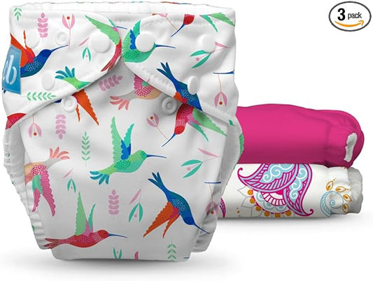 Charlie Banana Cloth Diapers, Reusable, Washable, Adjustable One Size Diaper, for Babies and Toddlers, with Absorbent Inserts - Hummingbirds, 3 Pack