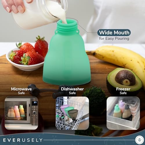 Everusely Reusable Baby Food Pouches for Toddlers - 2 Pack, 6 oz/180 ml, Green - Squeezable Silicone Food Pouch - Refillable, Leakproof, Spill Proof Puree Containers - BPA Free - Dishwasher Safe