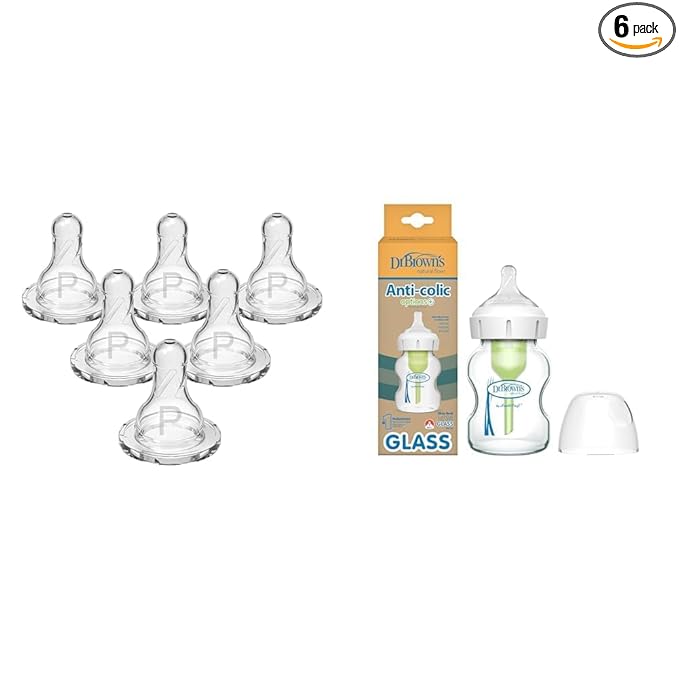Dr. Brown's Natural Flow Preemie and Anti-Colic Options+ Wide-Neck Glass Baby Bottles with Slow Flow Silicone Nipples, 6 Count