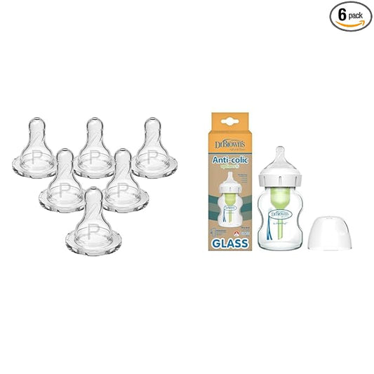 Dr. Brown's Natural Flow Preemie and Anti-Colic Options+ Wide-Neck Glass Baby Bottles with Slow Flow Silicone Nipples, 6 Count