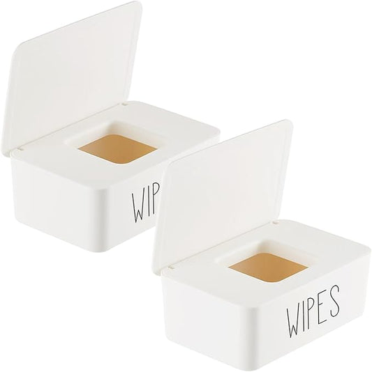 2 Pack Baby Wipes Dispenser Container Bathroom Sleek Flushable Butt Wipes Holder Refillable Easy to Access,7.28" L x 4.80" W x 2.75" H (White)