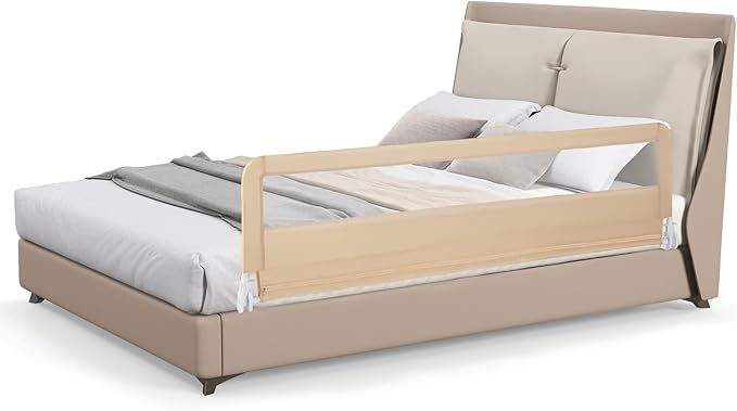 GLACER Foldable Bed Rail for Toddlers - 71" Bedrail w/Safety Straps, Child Lock & Removable Oxford Cover, Swing Down Baby Bed Rail Guard for Crib, Full, Twin, Double, Queen & King Bed (Beige, 1 Pack)