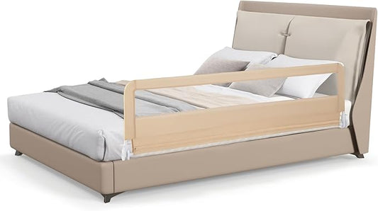 GLACER Foldable Bed Rail for Toddlers - 71" Bedrail w/Safety Straps, Child Lock & Removable Oxford Cover, Swing Down Baby Bed Rail Guard for Crib, Full, Twin, Double, Queen & King Bed (Beige, 1 Pack)