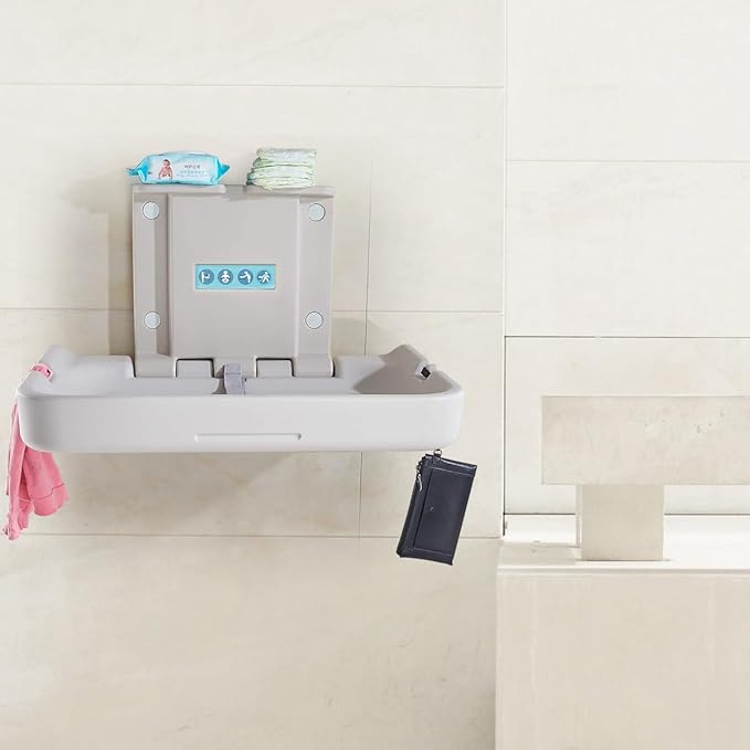 Wall Mounted Baby Changing Station, Horizontal Fold-Down Diaper Changing Table with Safety Strap, HDPE Surface, Dual Bag Hooks & Built-in Liner Dispensers for Commercial Restrooms (White Granite)