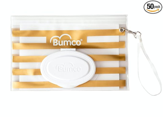 BUMCO Airtight Wipes Dispenser, Keeps Wet, Reusable Refillable Pouch, Diaper Bag Organizer for Travel, Carrying Clutch, Unique Baby Gift for Girl Boy [Gold]