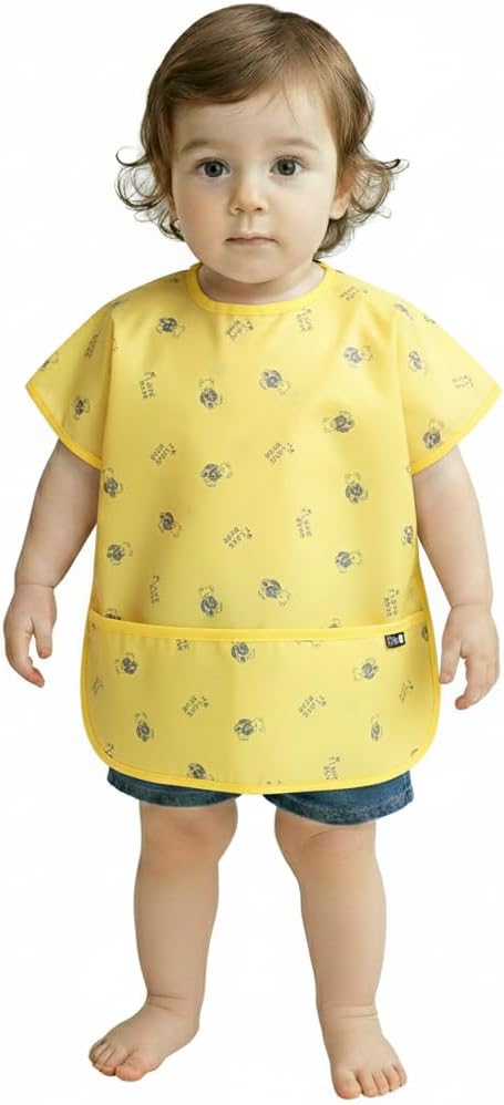 Plie Short Sleeve Waterproof Bib for Toddlers – Easy Clean Feeding Apron for Mealtime, Daycare, Self-Feeding, Lightweight