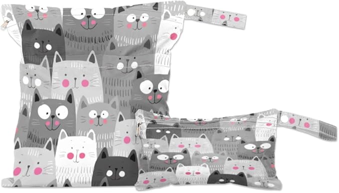 Wet Dry Bags Grey Cats Waterproof Wet Bag Animal Kitten Reusable Bags for Swimsuits Cloth Diapers Beach Pool Gym Travel Baby Item 2 Pcs