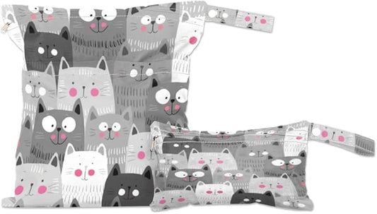 Wet Dry Bags Grey Cats Waterproof Wet Bag Animal Kitten Reusable Bags for Swimsuits Cloth Diapers Beach Pool Gym Travel Baby Item 2 Pcs