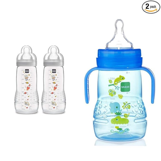 MAM Easy Active Bottle 11 oz (2-Count), Fast Flow Bottles, 4+ Month, Unisex, Gray & Plastic Trainer Cup (1 Count), Trainer Drinking Cup with Extra-Soft Spout