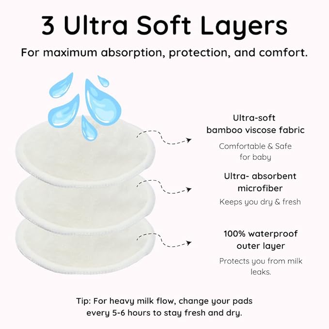 Organic Nursing Pads - 14 Washable Viscose Derived from Bamboo Breastfeeding Pads, Reusable Breast Pads for Breastfeeding, Nipple Pads with Wash Bag (3-Layers, Pastel Touch, 4.7")