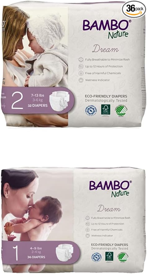 Bambo Nature Premium Eco-Friendly Baby Diapers Size 2, 32 Count and Size 1, 36 Count